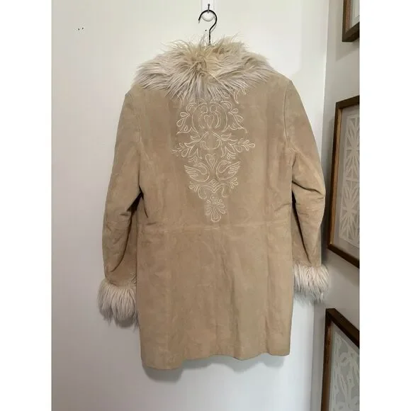 Mixit Suede Leather Faux Fur Coat Western Boho Y2K Vintage Jacket Petite L - Picture 2 of 11